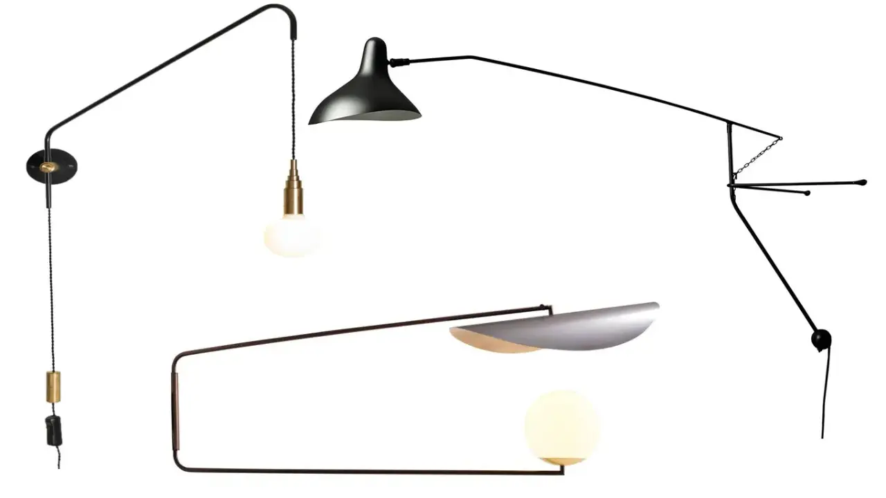 Trzy nowoczesne lampy na wysięgniku: jedna z czarnym kloszem i złotą oprawką, druga z metalowym kloszem i kulistą żarówką, trzecia minimalistyczna, czarna.