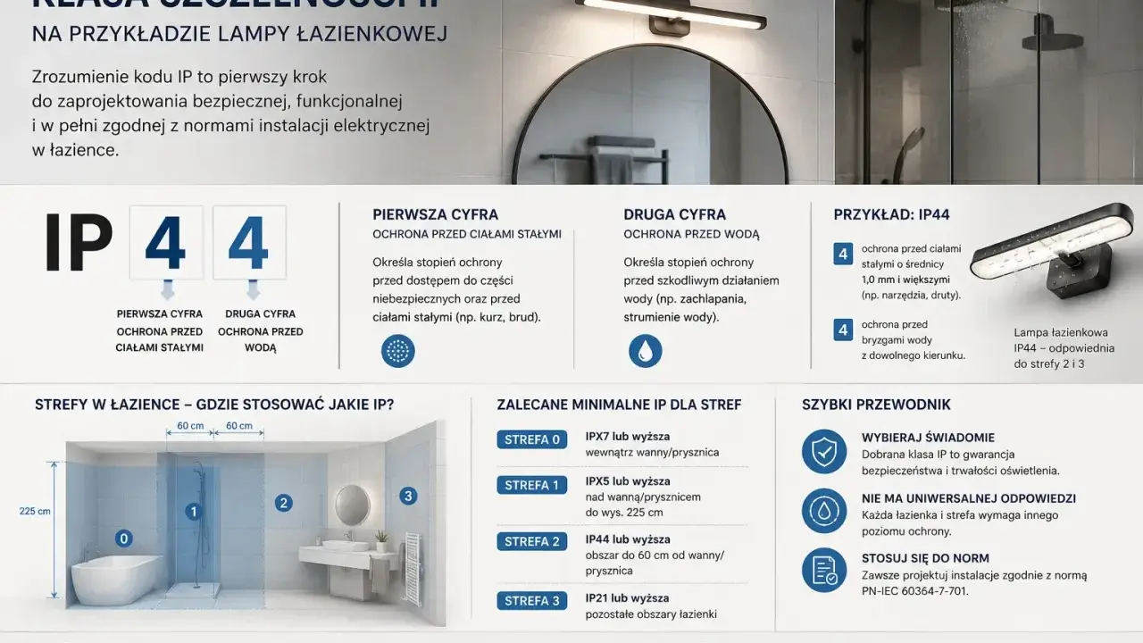 Lampa łazienkowa IP44 oznacza ochronę przed ciałami stałymi (np. narzędzia) i bryzgami wody z dowolnego kierunku.