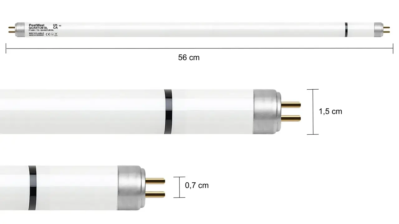 Lampa PestWest Quantum BL F14W/T5. Wymiary: 56 cm długości, 1,5 cm średnicy, 0,7 cm odległości między pinami.