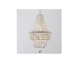 Elegancka lampa wisząca, której klosz tworzą białe koraliki ułożone w dwa poziomy.