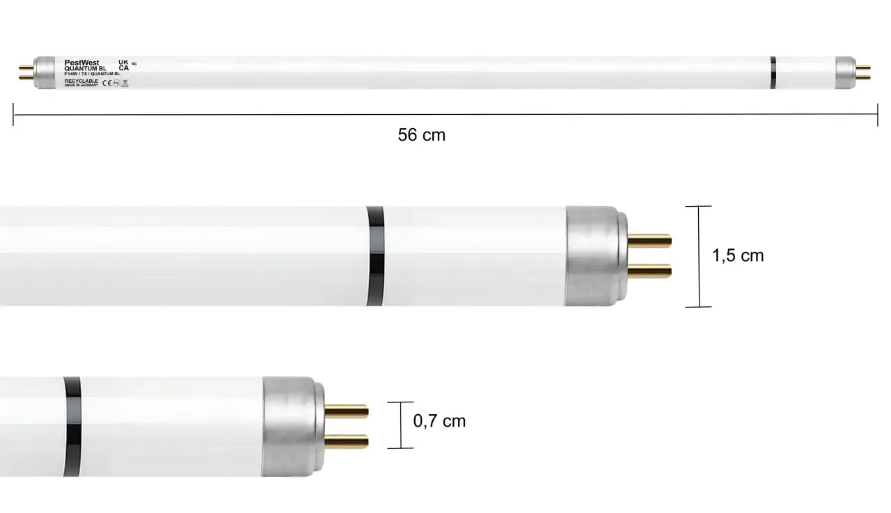Lampa PestWest Quantum BL F14W/T5. Wymiary: 56 cm długości, 1,5 cm średnicy, 0,7 cm odległości między pinami.