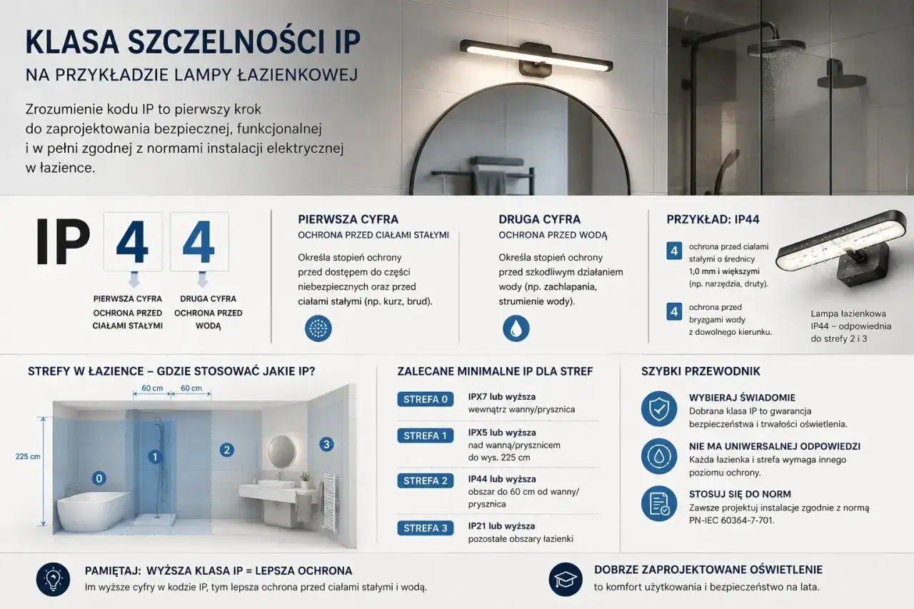 Lampa łazienkowa IP44 oznacza ochronę przed ciałami stałymi (np. narzędzia) i bryzgami wody z dowolnego kierunku.