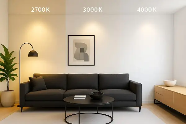 Salon z kanapą i stolikiem, gdzie widać różną barwę światła: ciepłą 2700K, neutralną 3000K i zimną 4000K.
