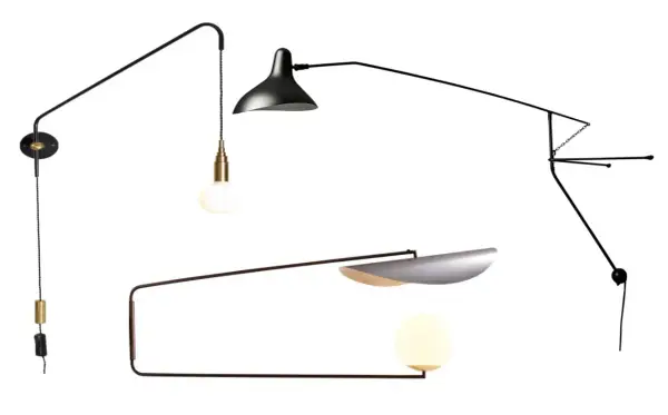 Trzy nowoczesne lampy na wysięgniku: jedna z czarnym kloszem i złotą oprawką, druga z metalowym kloszem i kulistą żarówką, trzecia minimalistyczna, czarna.