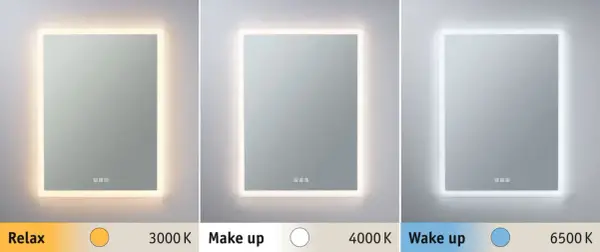 Trzy lustra z podświetleniem LED: ciepłe (3000K) do relaksu, neutralne (4000K) do makijażu i zimne (6500K) do pobudzenia.