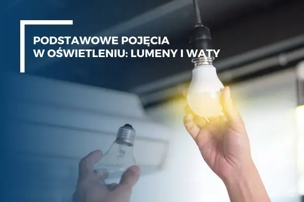 Ręka trzyma żarówkę LED, obok druga żarówka. Tekst: "Podstawowe pojęcia w oświetleniu: lumeny i waty". Dowiedz się, jak obliczyć waty.