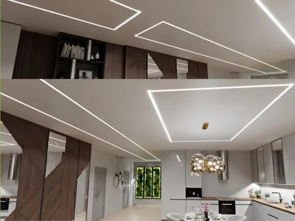 Nowoczesne wnętrze z taśmą LED na suficie. Zobacz, jak zamontować taśmę LED na suficie, by uzyskać efektowny design.