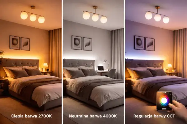 Sypialnia z różnymi barwami światła: ciepła 2700K, neutralna 4000K i regulacja CCT. Lumeny i barwa światła dostosowane do nastroju.