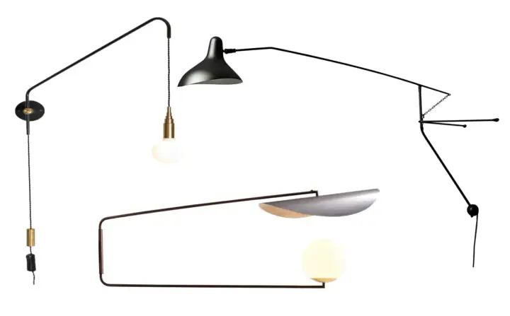Trzy nowoczesne lampy na wysięgniku: jedna z czarnym kloszem i złotą oprawką, druga z metalowym kloszem i kulistą żarówką, trzecia minimalistyczna, czarna.