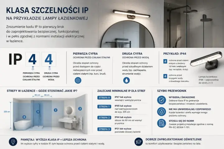 Lampa łazienkowa IP44 oznacza ochronę przed ciałami stałymi (np. narzędzia) i bryzgami wody z dowolnego kierunku.